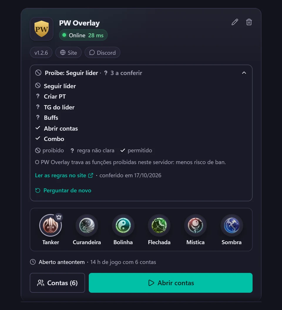 Cartão do servidor no PW Overlay, com dados de exemplo, mostrando o que a regra do servidor proíbe