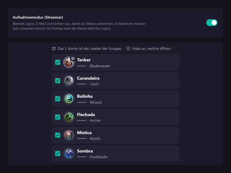 PW Overlay im Streamer-Modus, mit ausgeblendeten Logins und Ordnern