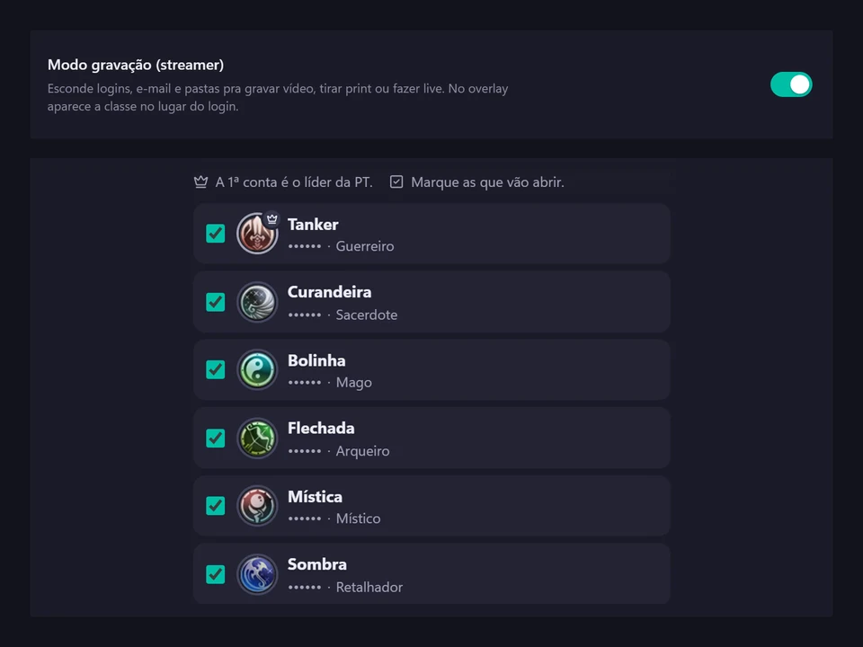 PW Overlay no modo streamer, com logins e pastas escondidos
