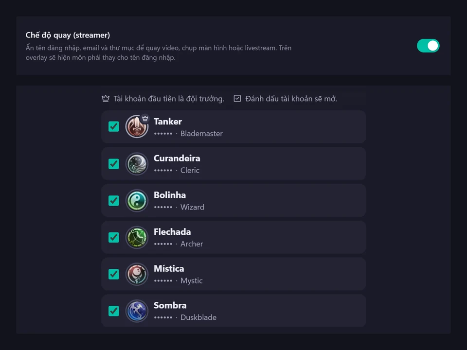 PW Overlay ở chế độ streamer, tên đăng nhập và thư mục được ẩn