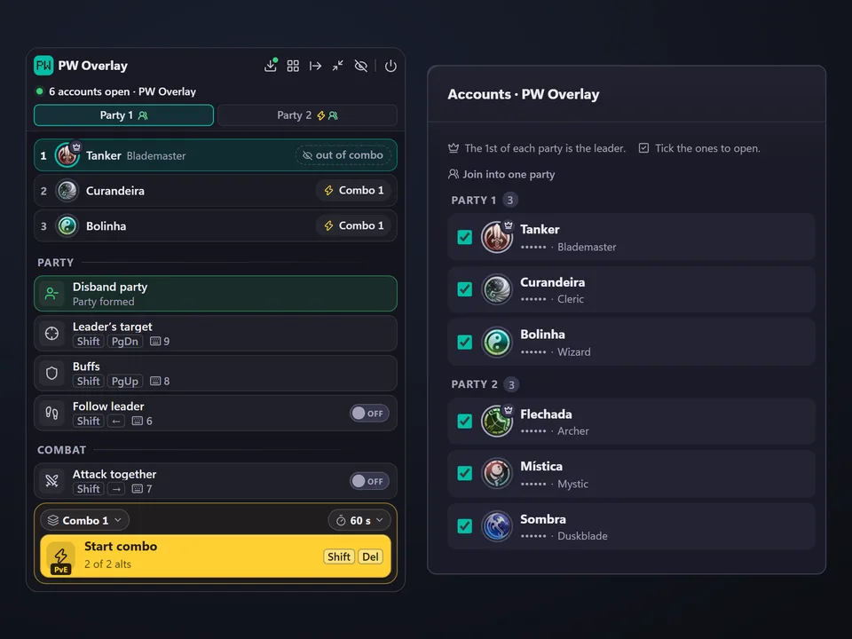 The overlay with the Party 1 and Party 2 tabs and the account list split into two parties in PW Overlay