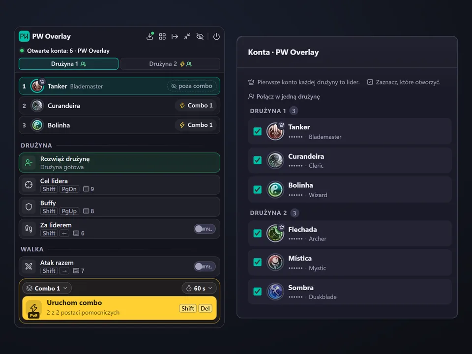 Overlay z kartami Drużyna 1 i Drużyna 2 oraz lista kont podzielona na dwie drużyny w PW Overlay