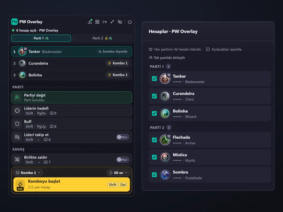 PW Overlay’de Parti 1 ve Parti 2 sekmeli overlay ve iki partiye bölünmüş hesap listesi